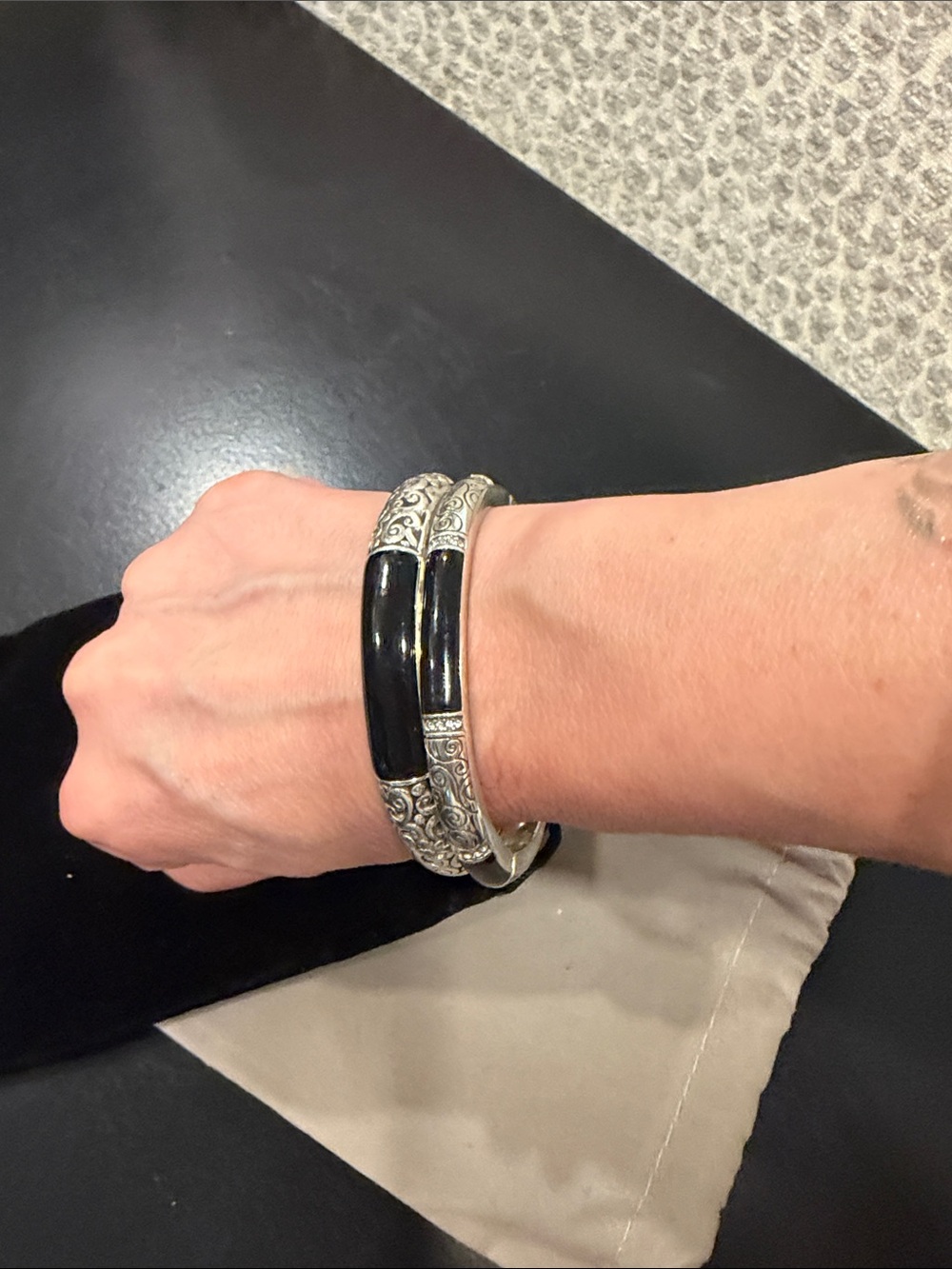 Brighton Silver-Tone Black enamel crystal bracelets set of 2